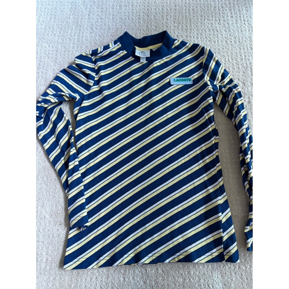 Lacoste L!VE Striped Mock Neck Top Womens 34 Blue Yellow Sporty Retro